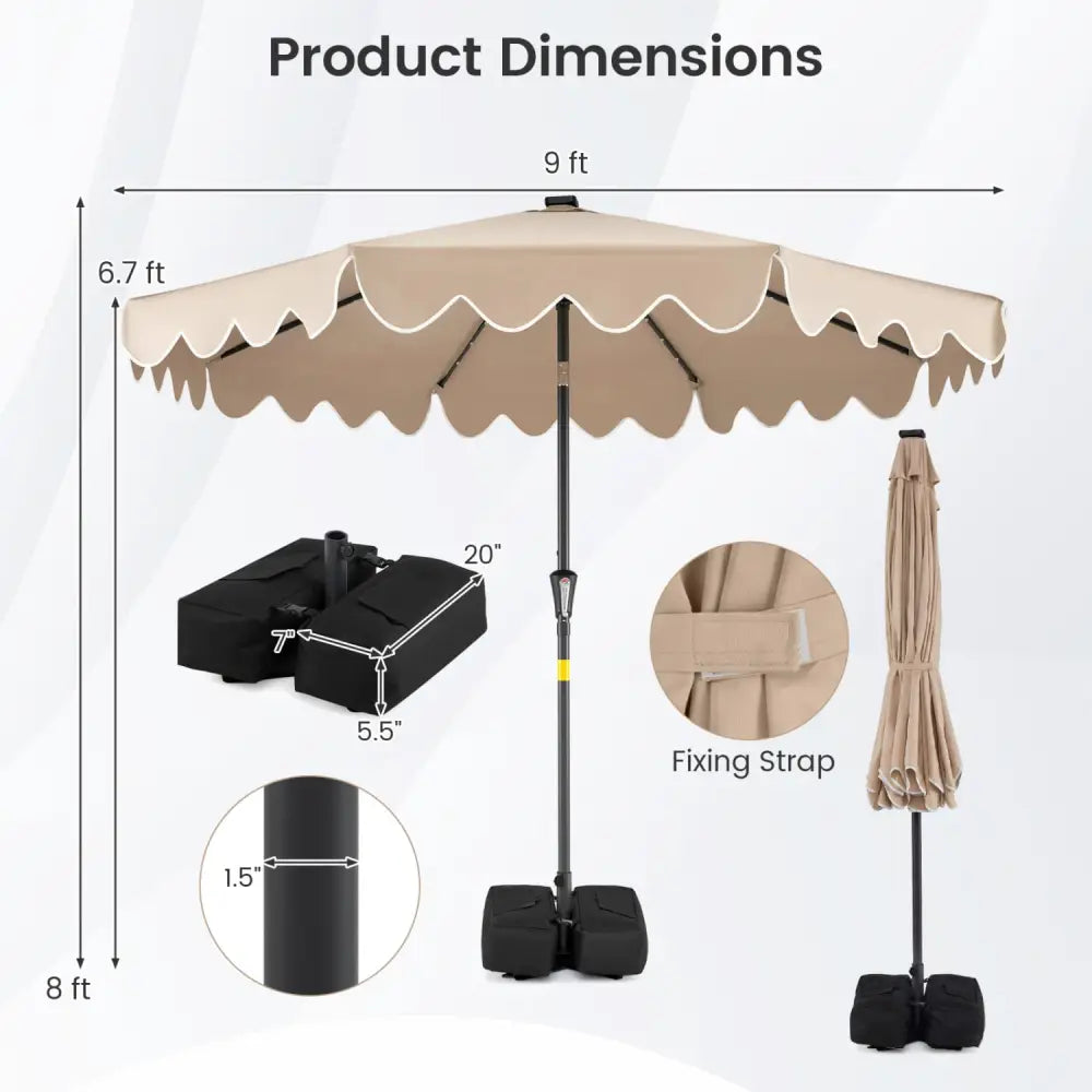 9 FT Outdoor Patio Umbrella with Solar LED Lights and Weighted Base-Brown - Brown - Outdoor Umbrellas
