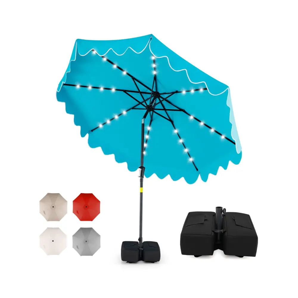 9 FT Outdoor Patio Umbrella with Solar LED Lights and Weighted Base-Turquoise - Turquoise - Outdoor Umbrellas