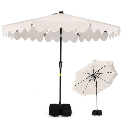 9 FT Outdoor Patio Umbrella with Solar LED Lights and Weighted Base-Beige - Beige - Outdoor Umbrellas