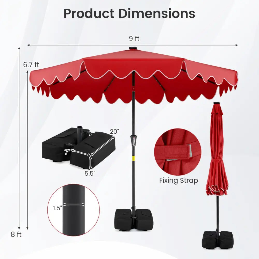 9 FT Outdoor Patio Umbrella with Solar LED Lights and Weighted Base-Red - Red - Outdoor Umbrellas