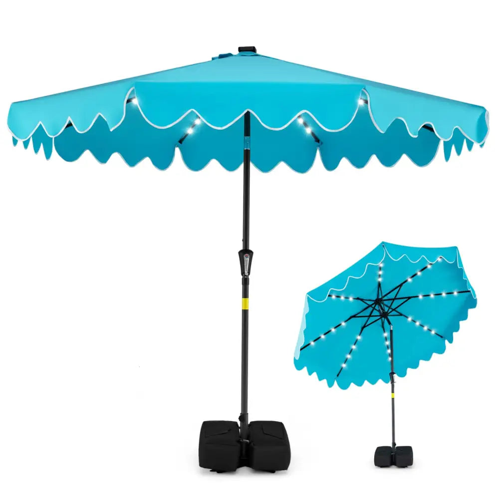 9 FT Outdoor Patio Umbrella with Solar LED Lights and Weighted Base-Turquoise - Turquoise - Outdoor Umbrellas