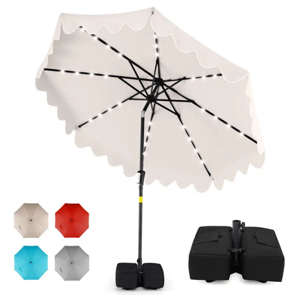 9 FT Outdoor Patio Umbrella with Solar LED Lights and Weighted Base-Beige - Beige - Outdoor Umbrellas