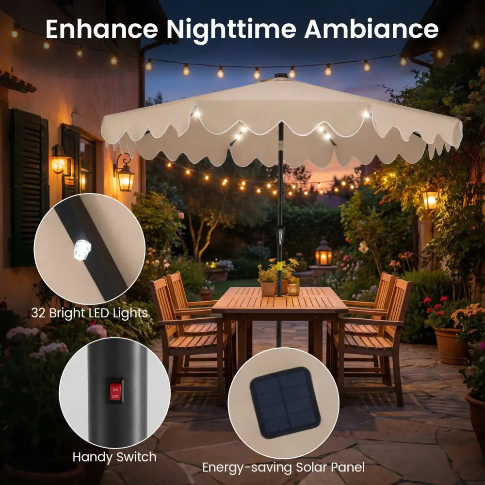 9 FT Outdoor Patio Umbrella with Solar LED Lights and Weighted Base-Brown - Brown - Outdoor Umbrellas