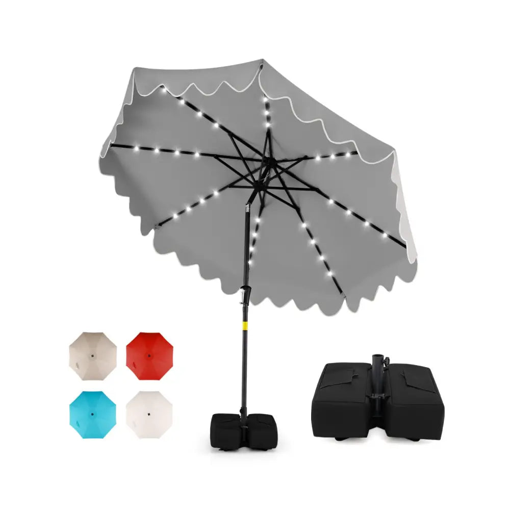 9 FT Outdoor Patio Umbrella with Solar LED Lights and Weighted Base-Gray - Gray - Outdoor Umbrellas