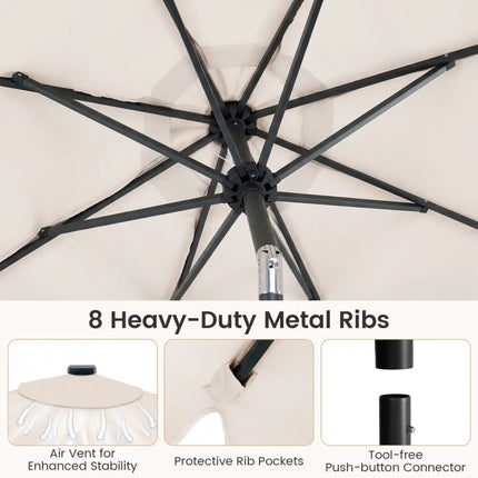 9 FT Outdoor Patio Umbrella with Solar LED Lights and Weighted Base-Beige - Beige - Outdoor Umbrellas