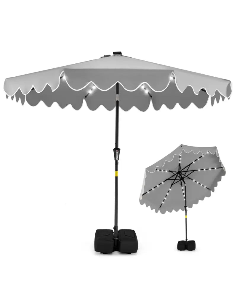 9 FT Outdoor Patio Umbrella with Solar LED Lights and Weighted Base-Gray - Gray - Outdoor Umbrellas