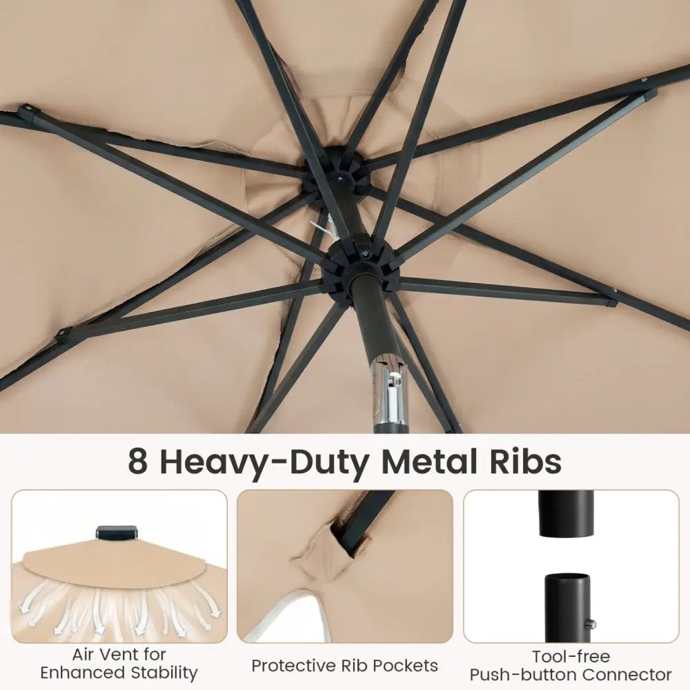 9 FT Outdoor Patio Umbrella with Solar LED Lights and Weighted Base-Brown - Brown - Outdoor Umbrellas