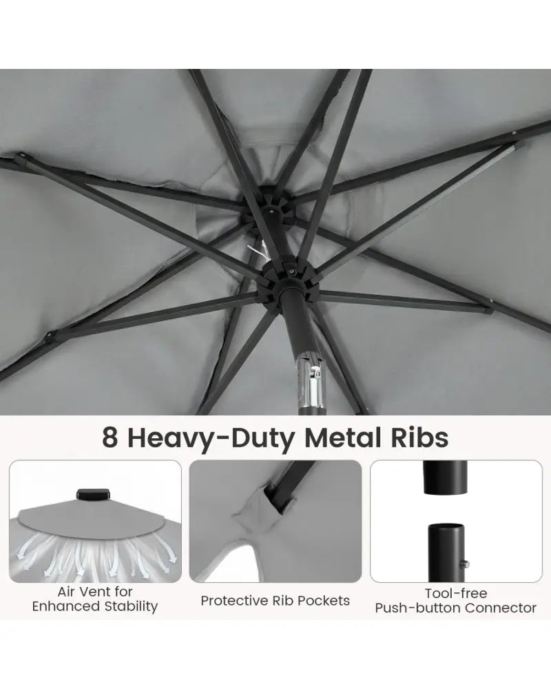 9 FT Outdoor Patio Umbrella with Solar LED Lights and Weighted Base-Gray - Gray - Outdoor Umbrellas