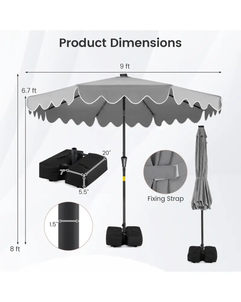 9 FT Outdoor Patio Umbrella with Solar LED Lights and Weighted Base-Gray - Gray - Outdoor Umbrellas