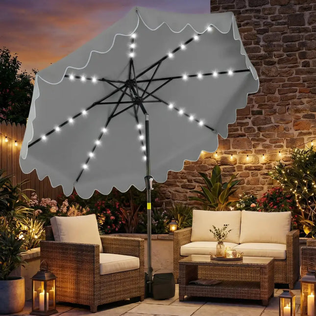 9 FT Outdoor Patio Umbrella with Solar LED Lights and Weighted Base-Gray - Gray - Outdoor Umbrellas