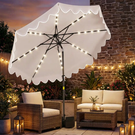 9 FT Outdoor Patio Umbrella with Solar LED Lights and Weighted Base-Beige - Beige - Outdoor Umbrellas