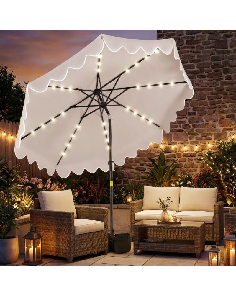 9 FT Outdoor Patio Umbrella with Solar LED Lights and Weighted Base-Beige - Beige - Outdoor Umbrellas