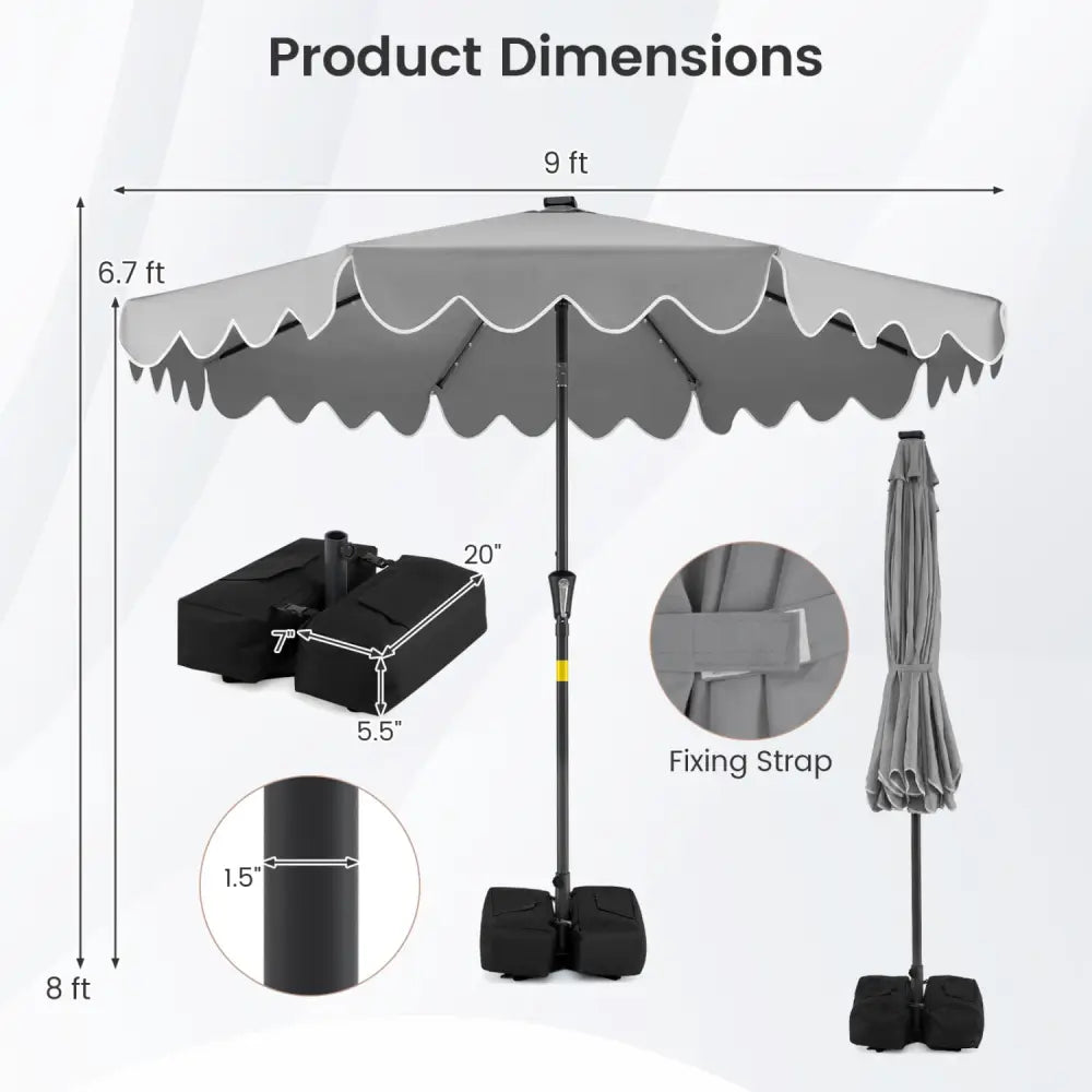 9 FT Outdoor Patio Umbrella with Solar LED Lights and Weighted Base-Gray - Gray - Outdoor Umbrellas