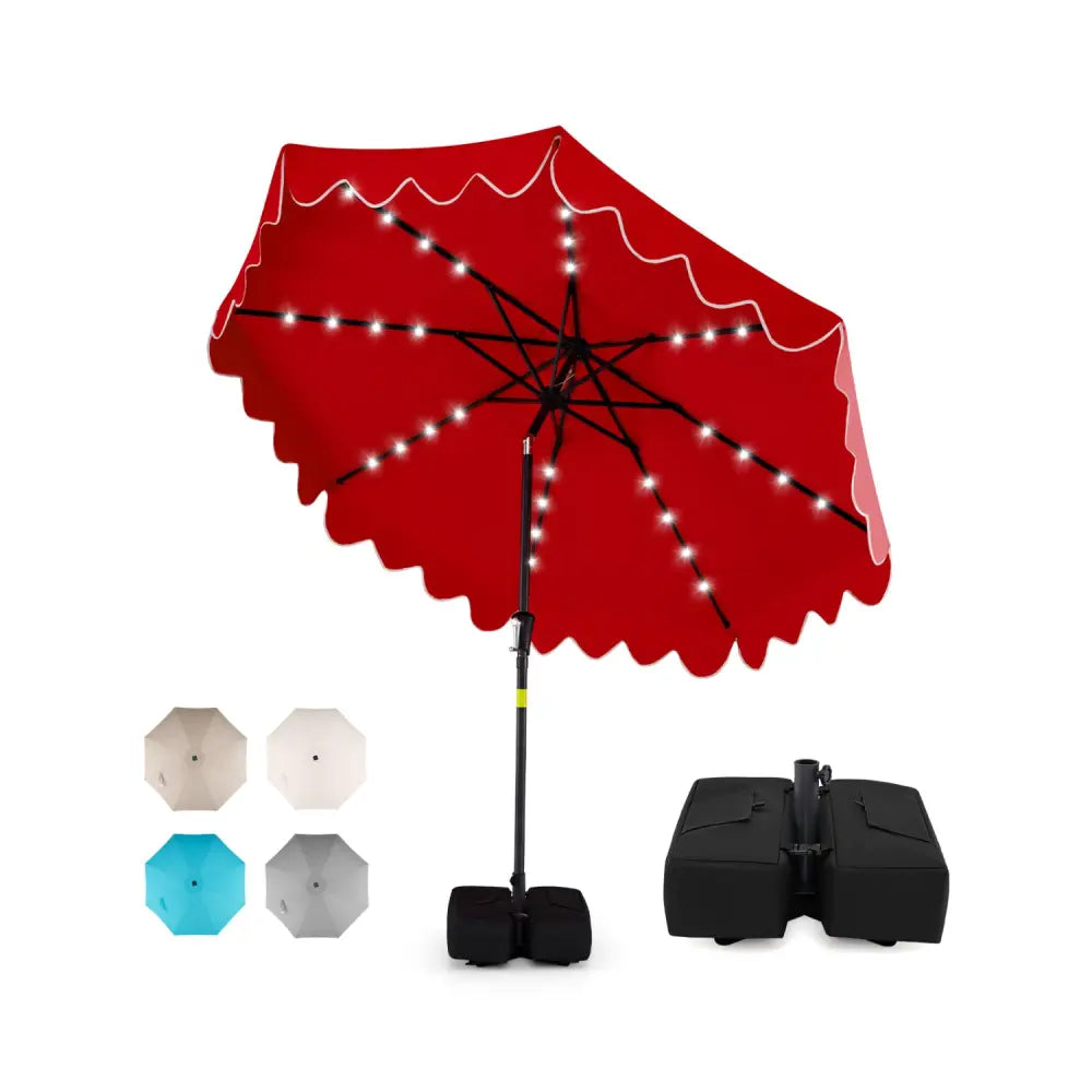 9 FT Outdoor Patio Umbrella with Solar LED Lights and Weighted Base-Red - Red - Outdoor Umbrellas