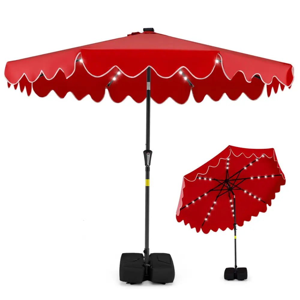 9 FT Outdoor Patio Umbrella with Solar LED Lights and Weighted Base-Red - Red - Outdoor Umbrellas
