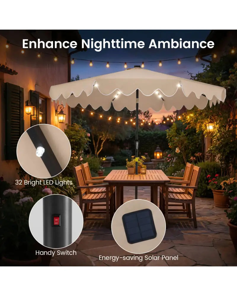 9 FT Outdoor Patio Umbrella with Solar LED Lights and Weighted Base-Brown - Brown - Outdoor Umbrellas