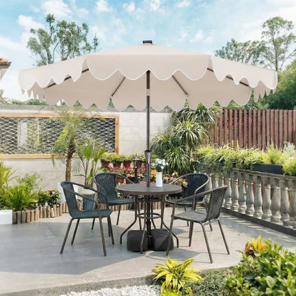 9 FT Outdoor Patio Umbrella with Solar LED Lights and Weighted Base-Beige - Beige - Outdoor Umbrellas