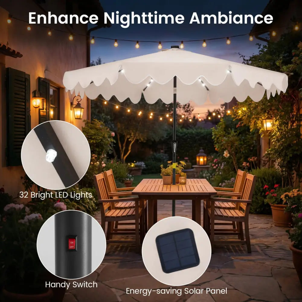 9 FT Outdoor Patio Umbrella with Solar LED Lights and Weighted Base-Beige - Beige - Outdoor Umbrellas
