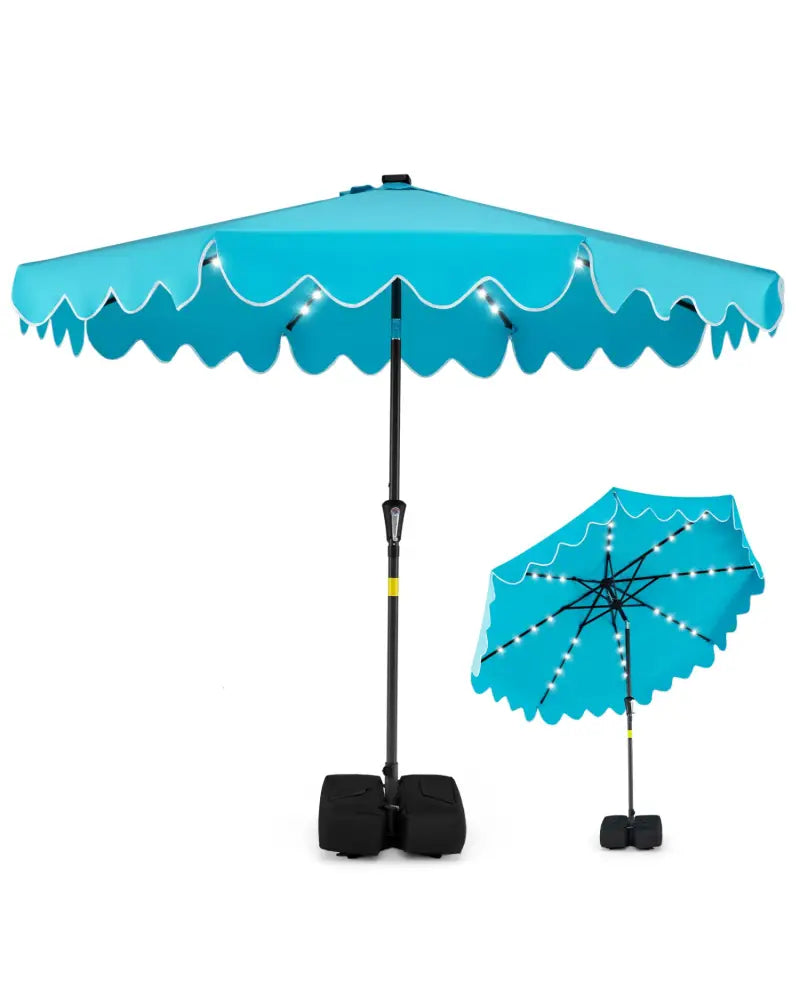 9 FT Outdoor Patio Umbrella with Solar LED Lights and Weighted Base-Turquoise - Turquoise - Outdoor Umbrellas