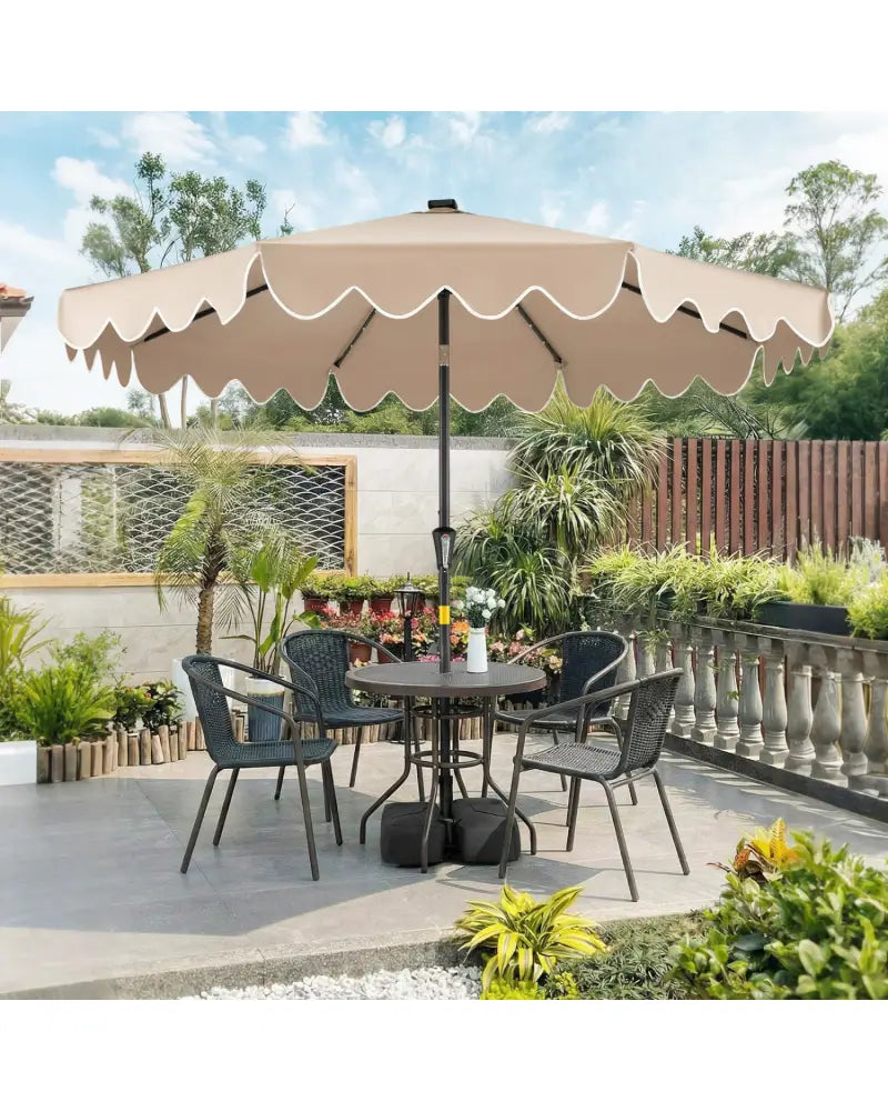 9 FT Outdoor Patio Umbrella with Solar LED Lights and Weighted Base-Brown - Brown - Outdoor Umbrellas