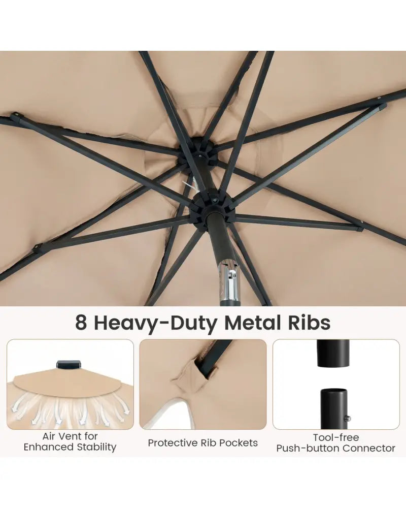 9 FT Outdoor Patio Umbrella with Solar LED Lights and Weighted Base-Brown - Brown - Outdoor Umbrellas