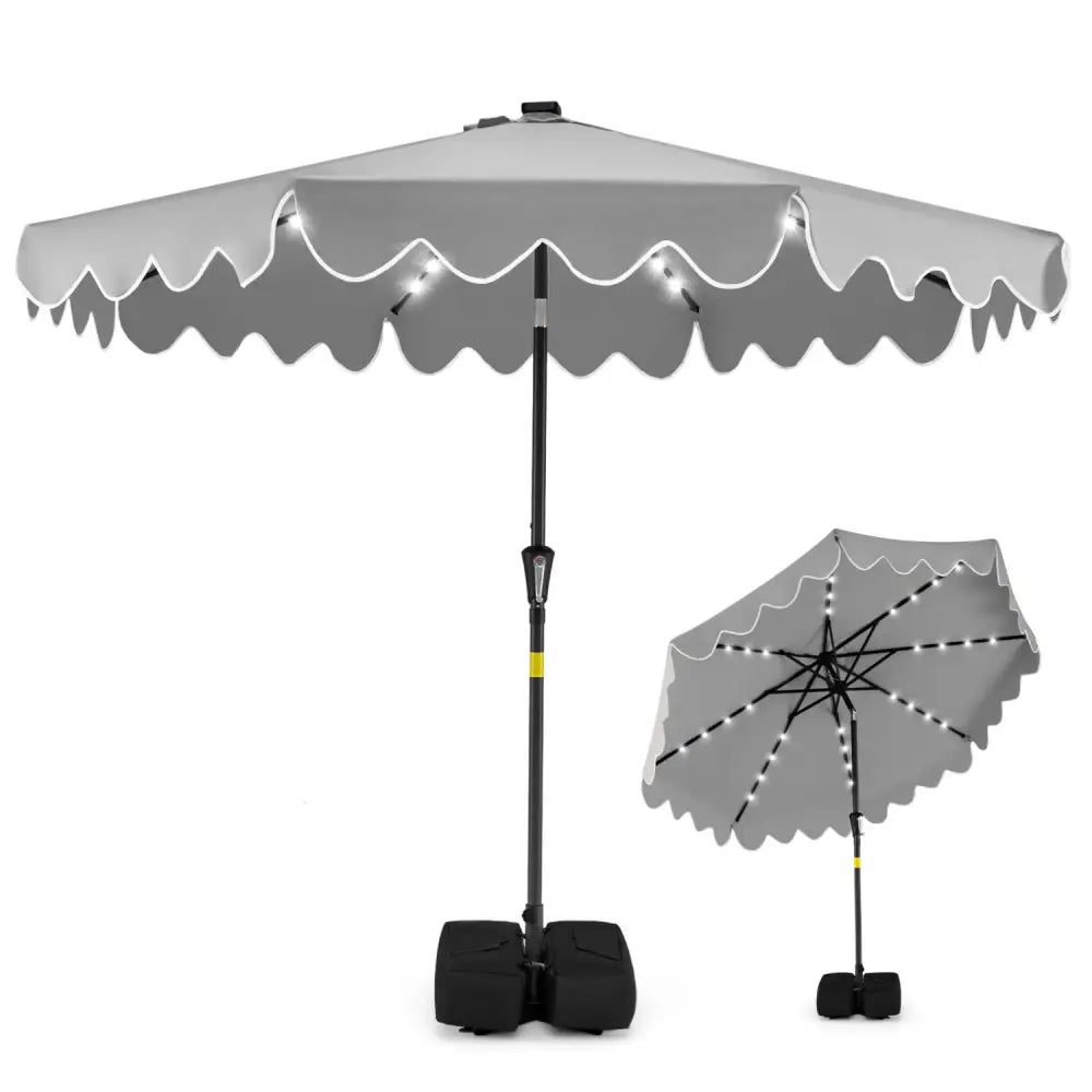 9 FT Outdoor Patio Umbrella with Solar LED Lights and Weighted Base-Gray - Gray - Outdoor Umbrellas