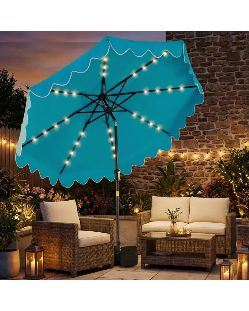9 FT Outdoor Patio Umbrella with Solar LED Lights and Weighted Base-Turquoise - Turquoise - Outdoor Umbrellas