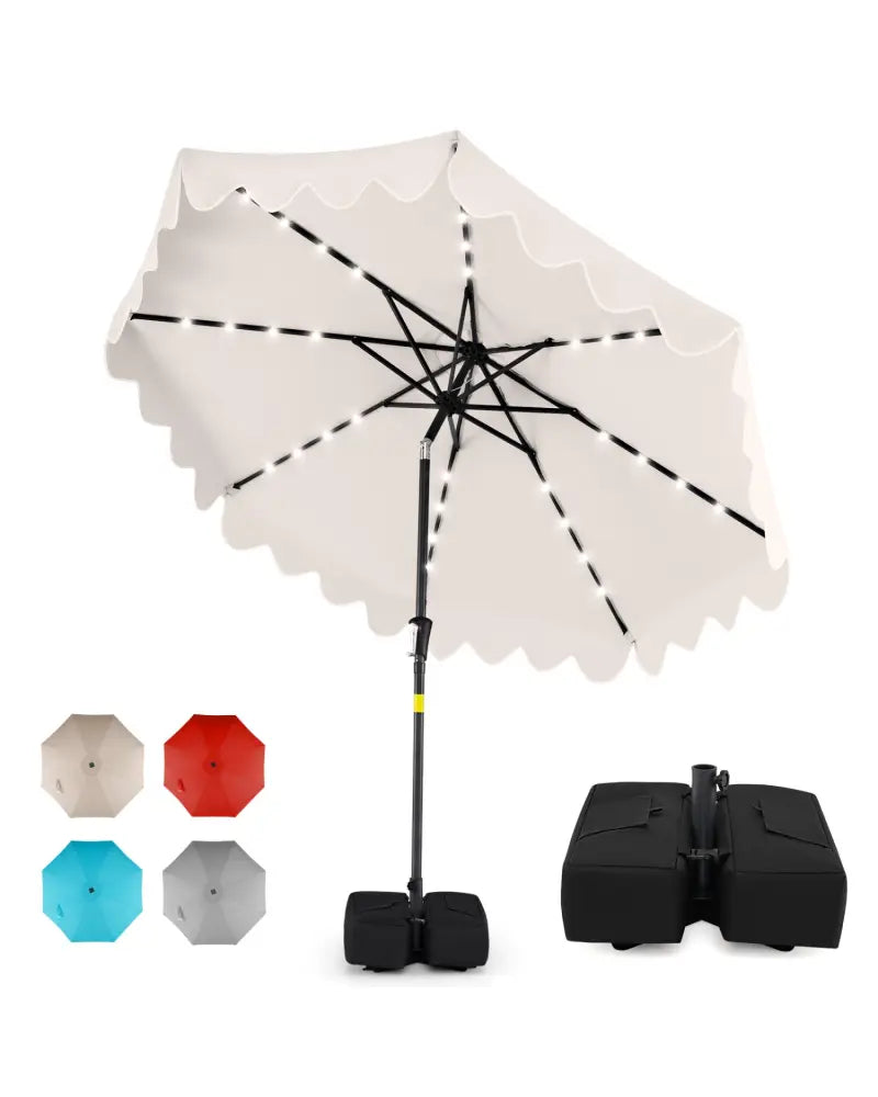 9 FT Outdoor Patio Umbrella with Solar LED Lights and Weighted Base-Beige - Beige - Outdoor Umbrellas