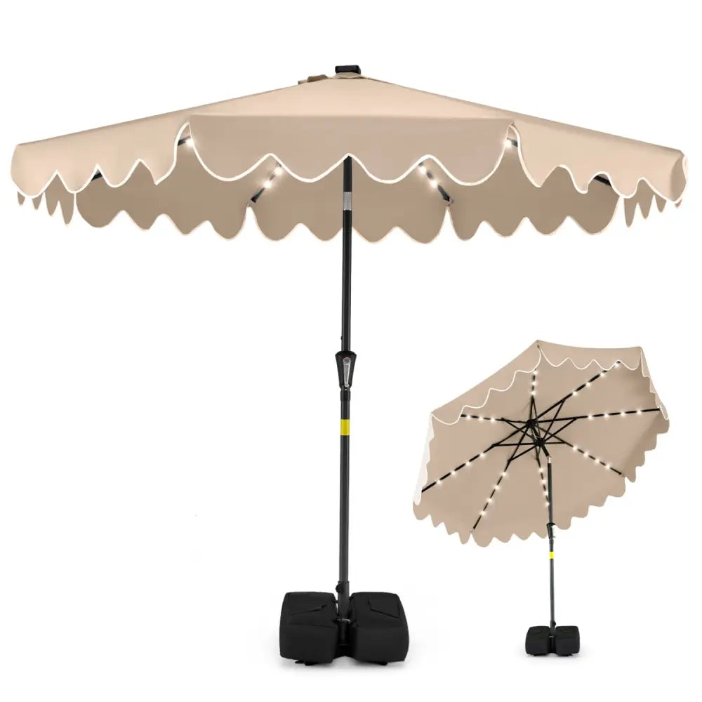 9 FT Outdoor Patio Umbrella with Solar LED Lights and Weighted Base-Brown - Brown - Outdoor Umbrellas