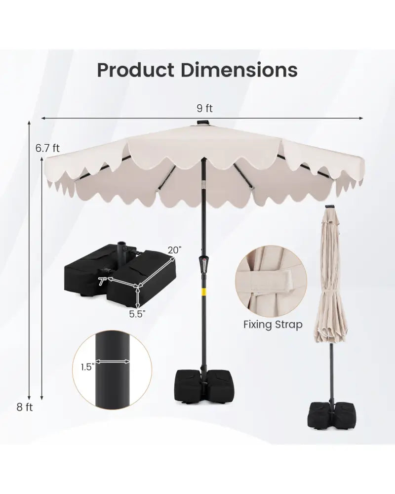 9 FT Outdoor Patio Umbrella with Solar LED Lights and Weighted Base-Beige - Beige - Outdoor Umbrellas