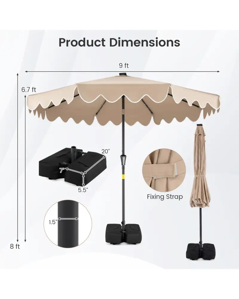 9 FT Outdoor Patio Umbrella with Solar LED Lights and Weighted Base-Brown - Brown - Outdoor Umbrellas