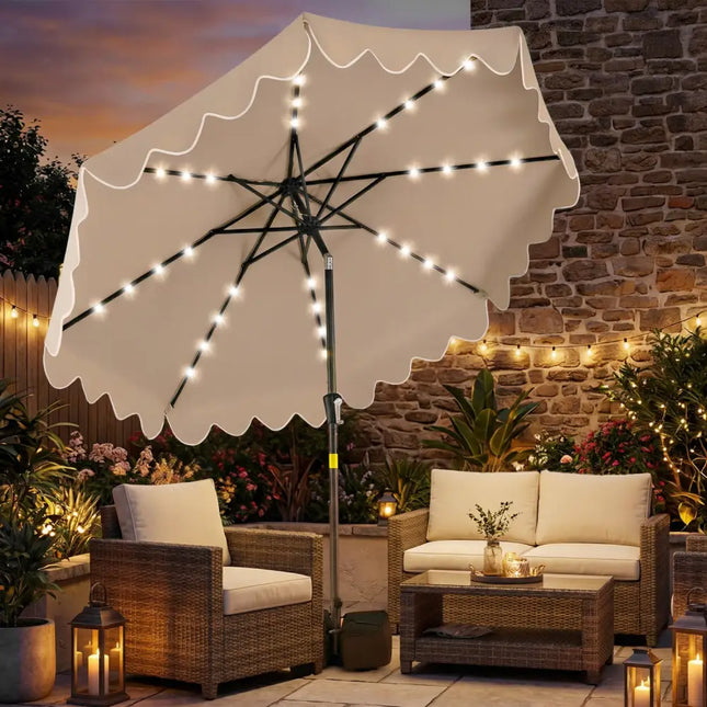 9 FT Outdoor Patio Umbrella with Solar LED Lights and Weighted Base-Brown - Brown - Outdoor Umbrellas