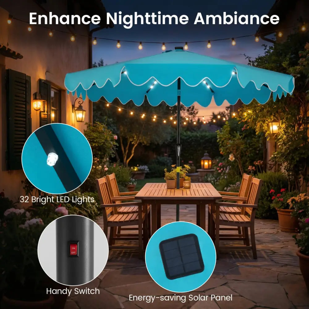 9 FT Outdoor Patio Umbrella with Solar LED Lights and Weighted Base-Turquoise - Turquoise - Outdoor Umbrellas