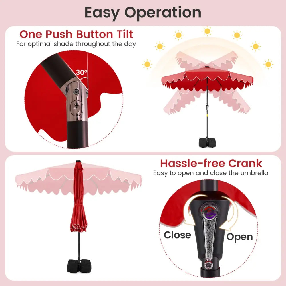 9 FT Outdoor Patio Umbrella with Solar LED Lights and Weighted Base-Red - Red - Outdoor Umbrellas