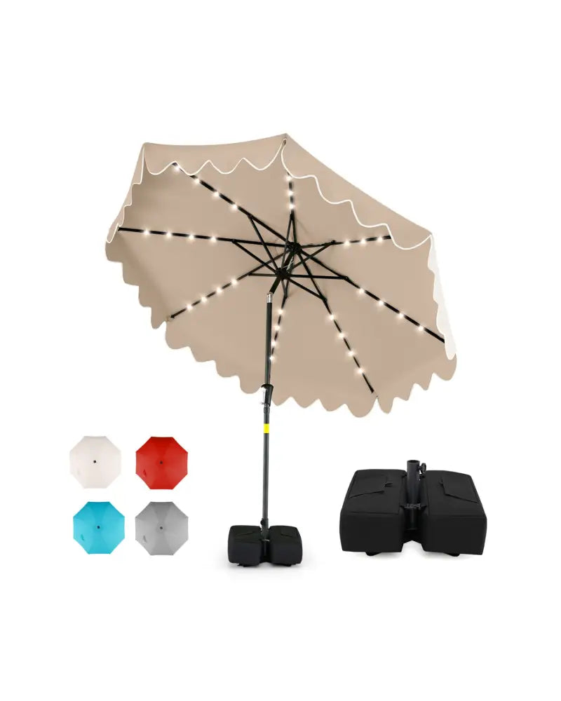 9 FT Outdoor Patio Umbrella with Solar LED Lights and Weighted Base-Brown - Brown - Outdoor Umbrellas