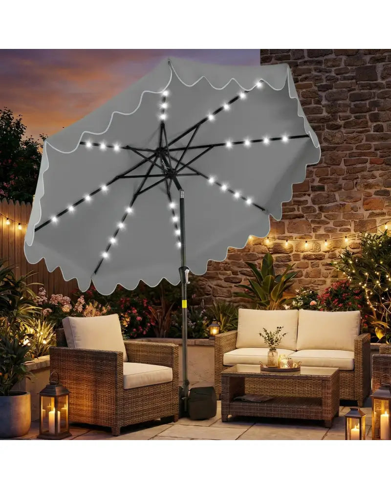 9 FT Outdoor Patio Umbrella with Solar LED Lights and Weighted Base-Gray - Gray - Outdoor Umbrellas