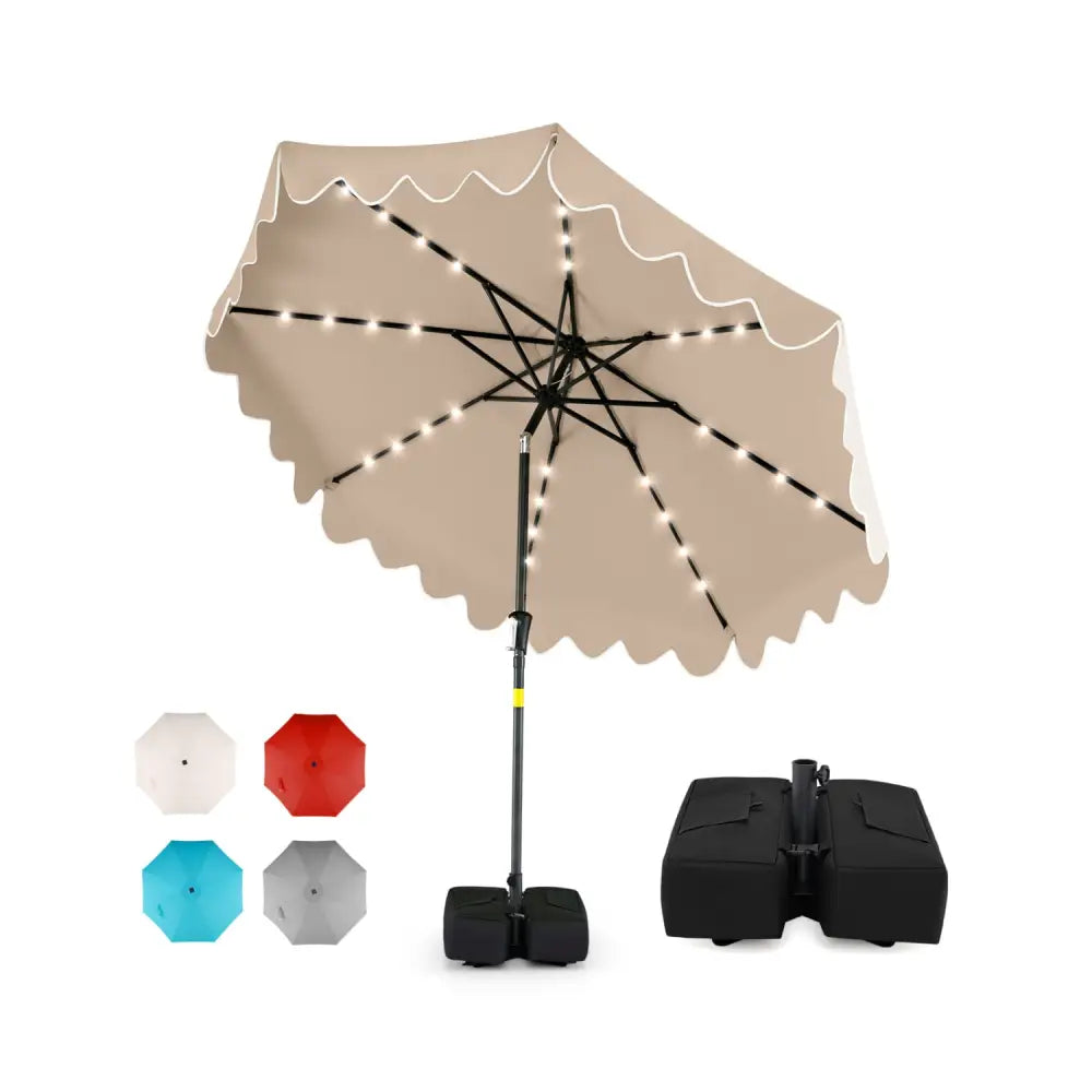 9 FT Outdoor Patio Umbrella with Solar LED Lights and Weighted Base-Brown - Brown - Outdoor Umbrellas