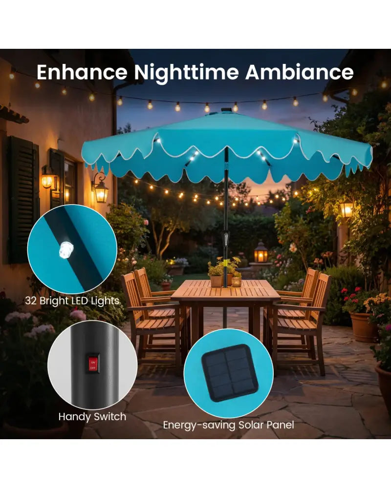9 FT Outdoor Patio Umbrella with Solar LED Lights and Weighted Base-Turquoise - Turquoise - Outdoor Umbrellas