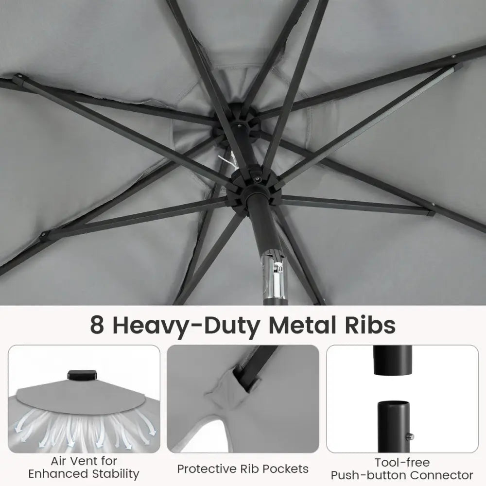 9 FT Outdoor Patio Umbrella with Solar LED Lights and Weighted Base-Gray - Gray - Outdoor Umbrellas