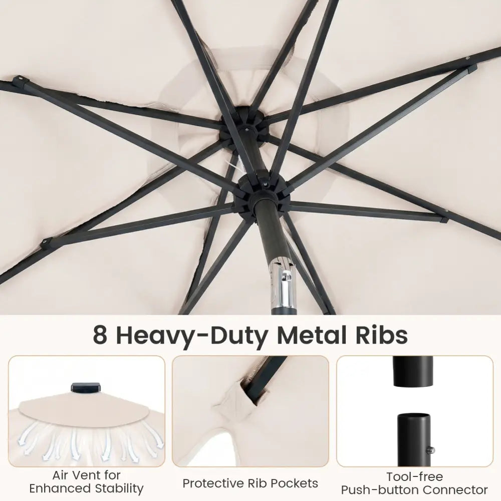 9 FT Outdoor Patio Umbrella with Solar LED Lights and Weighted Base-Beige - Beige - Outdoor Umbrellas