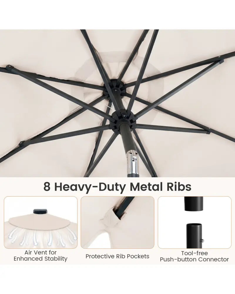 9 FT Outdoor Patio Umbrella with Solar LED Lights and Weighted Base-Beige - Beige - Outdoor Umbrellas