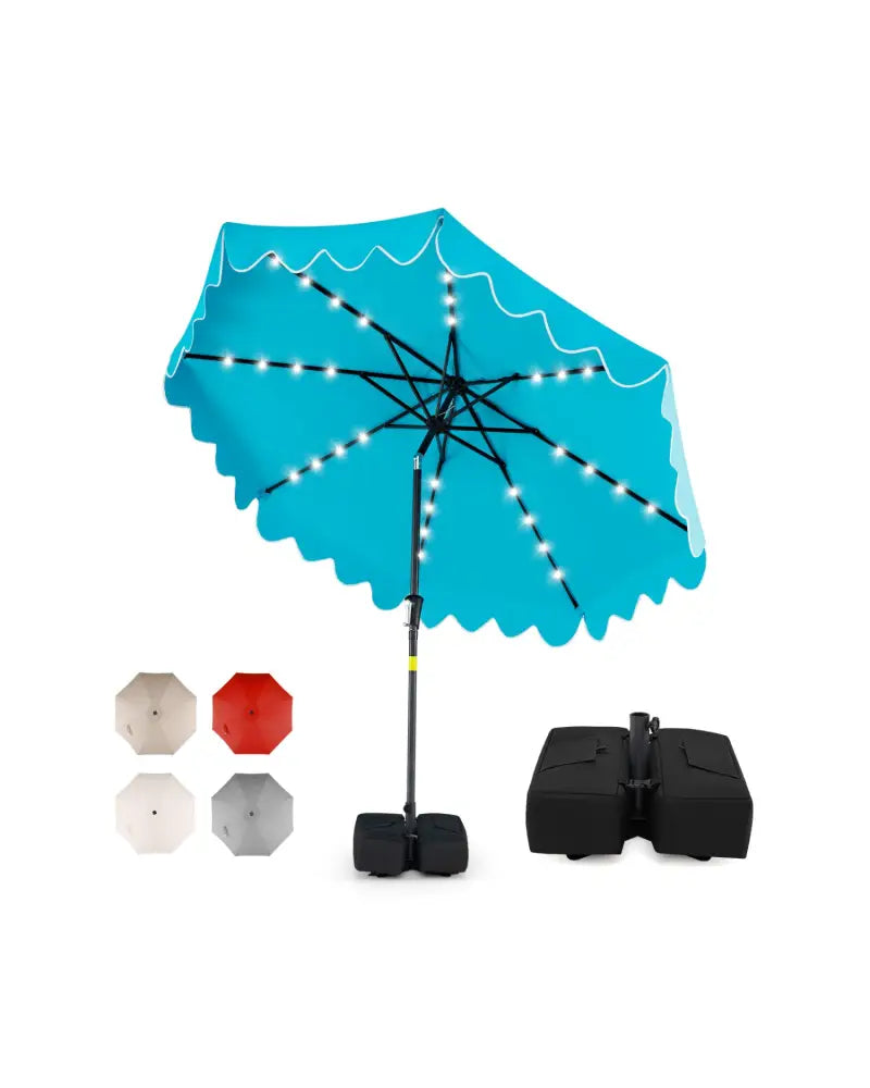 9 FT Outdoor Patio Umbrella with Solar LED Lights and Weighted Base-Turquoise - Turquoise - Outdoor Umbrellas