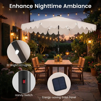 9 FT Outdoor Patio Umbrella with Solar LED Lights and Weighted Base-Beige - Beige - Outdoor Umbrellas