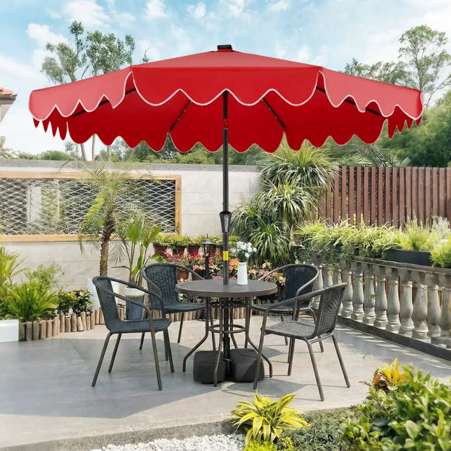 9 FT Outdoor Patio Umbrella with Solar LED Lights and Weighted Base-Red - Red - Outdoor Umbrellas
