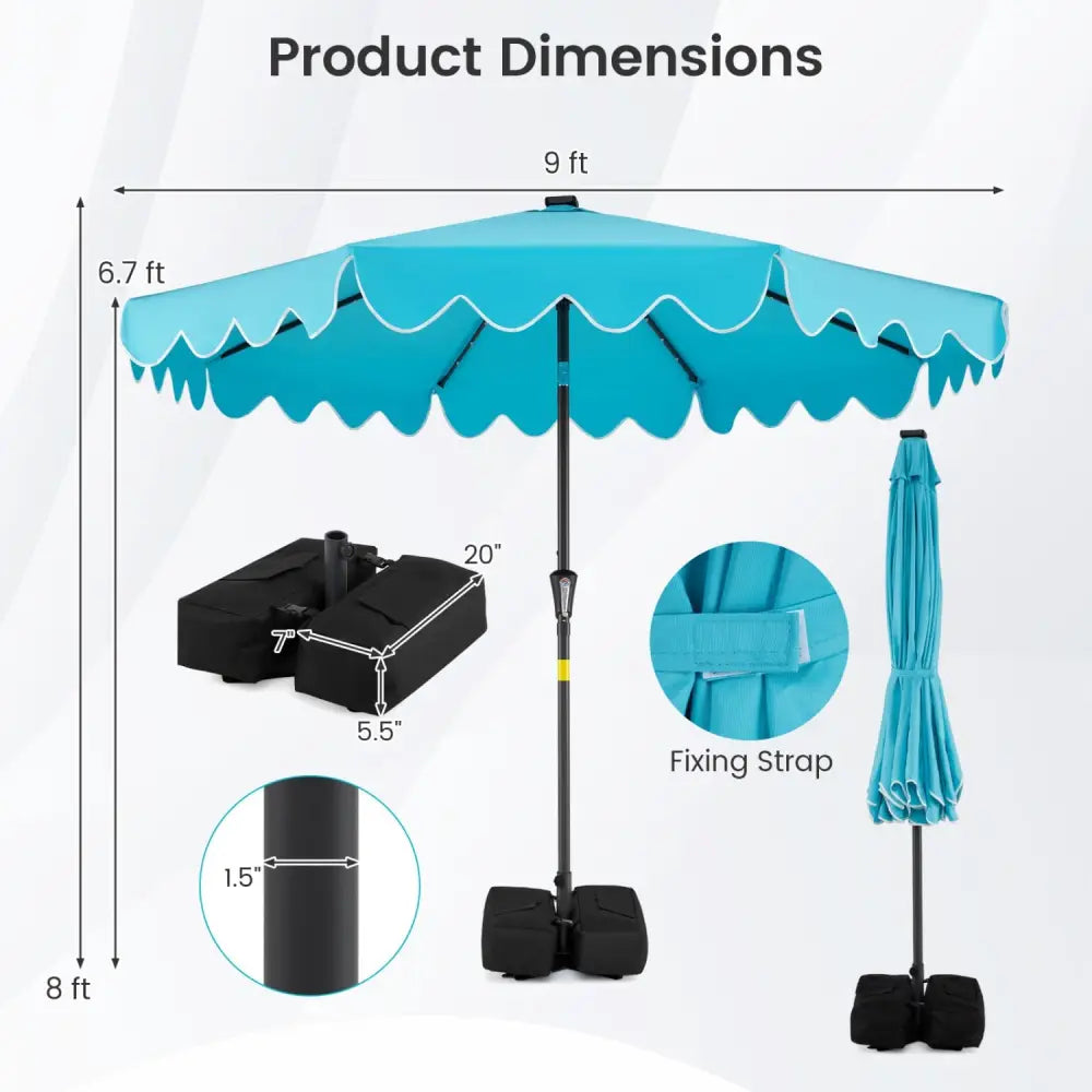 9 FT Outdoor Patio Umbrella with Solar LED Lights and Weighted Base-Turquoise - Turquoise - Outdoor Umbrellas
