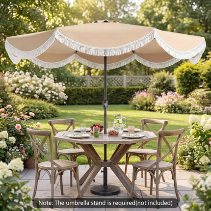 9 FT Outdoor Tassel Umbrella with Push Button Tilt-White - Beige - Outdoor Umbrellas
