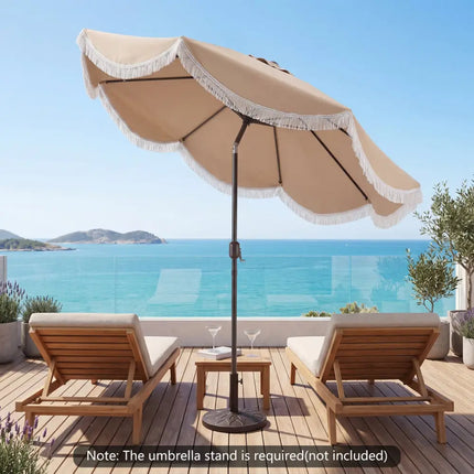 9 FT Outdoor Tassel Umbrella with Push Button Tilt-White - Beige - Outdoor Umbrellas
