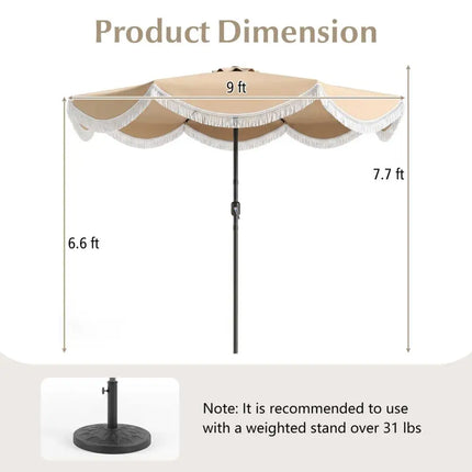 9 FT Outdoor Tassel Umbrella with Push Button Tilt-White - Beige - Outdoor Umbrellas