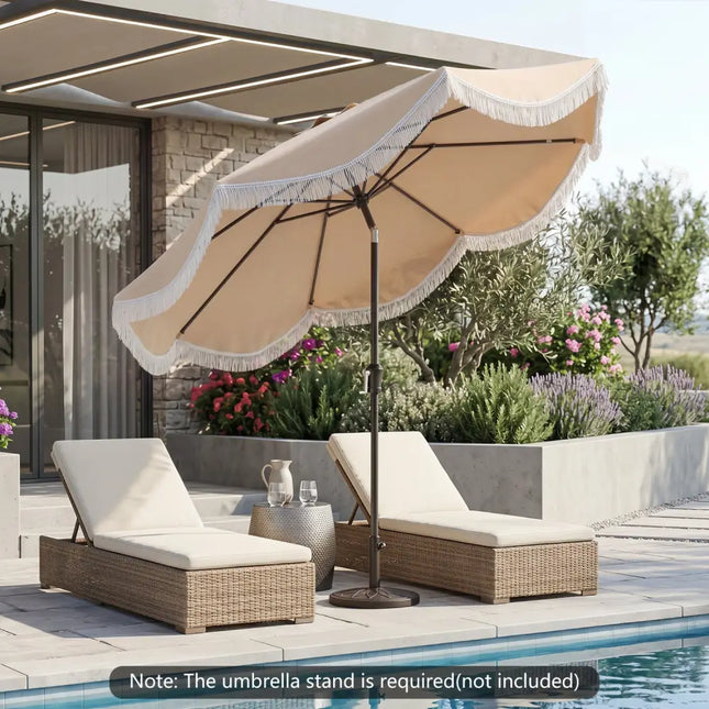 9 FT Outdoor Tassel Umbrella with Push Button Tilt-White - Beige - Outdoor Umbrellas