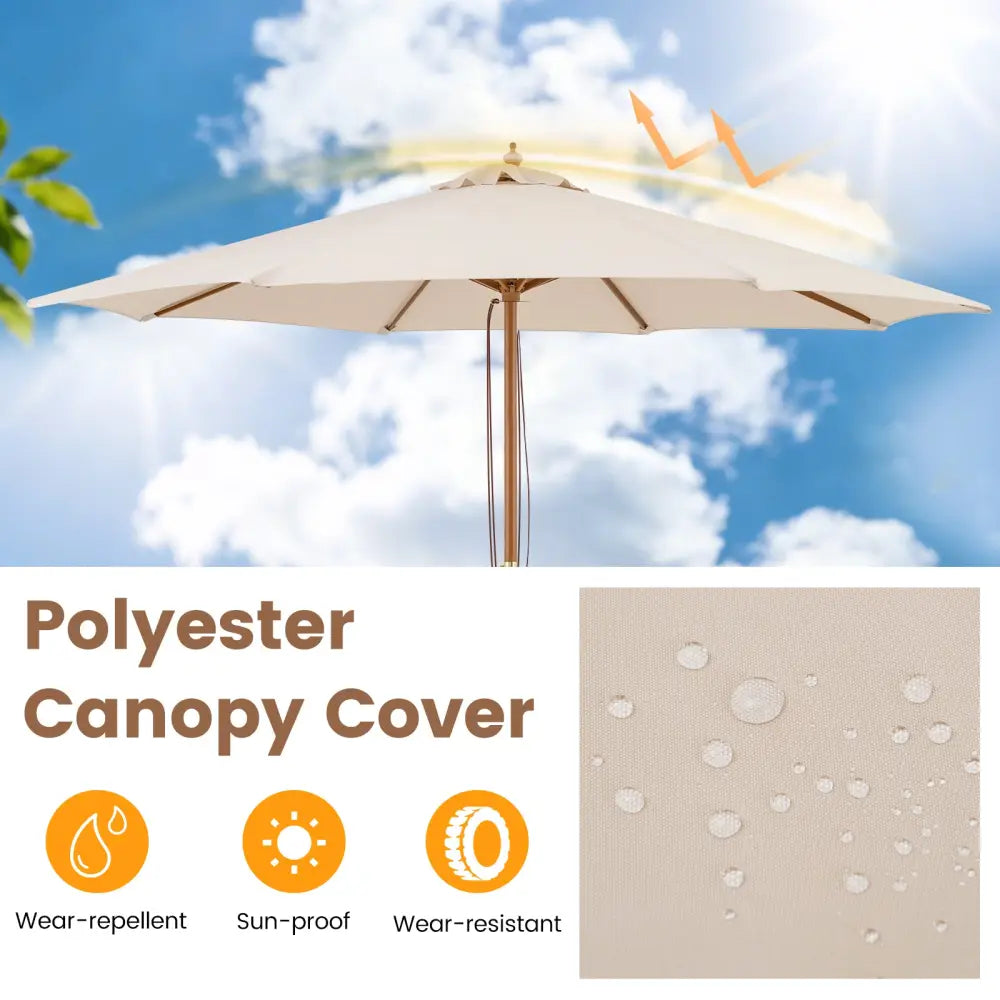 9 FT Patio Umbrella Outdoor Table Market Umbrella with 8 Sturdy Bamboo Ribs-Beige - Beige - Outdoor Umbrellas